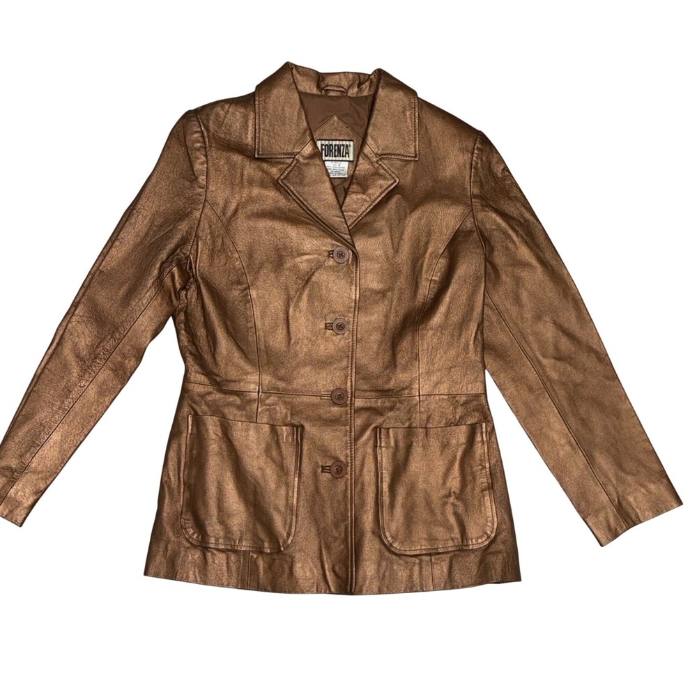 Forenza Metallic Bronze Copper Vintage Leather Blazer Jacket Women Sz 12 Button‎
